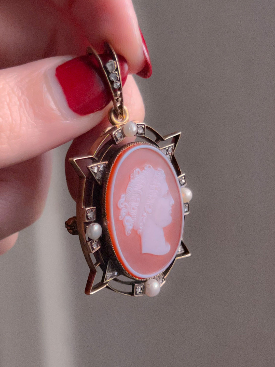 Outrageously Rare Perfect Pink Sardonyx Cameo With Pearls and Diamonds