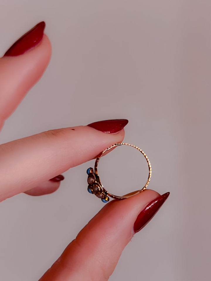 Lovely Victorian 12ct Persian Turquoise and Seed Pearl Ring