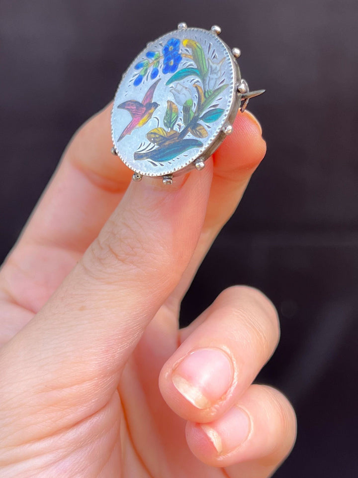 Exceptional Sterling Brooch Featuring Yellow Breasted Bunting with Flowers