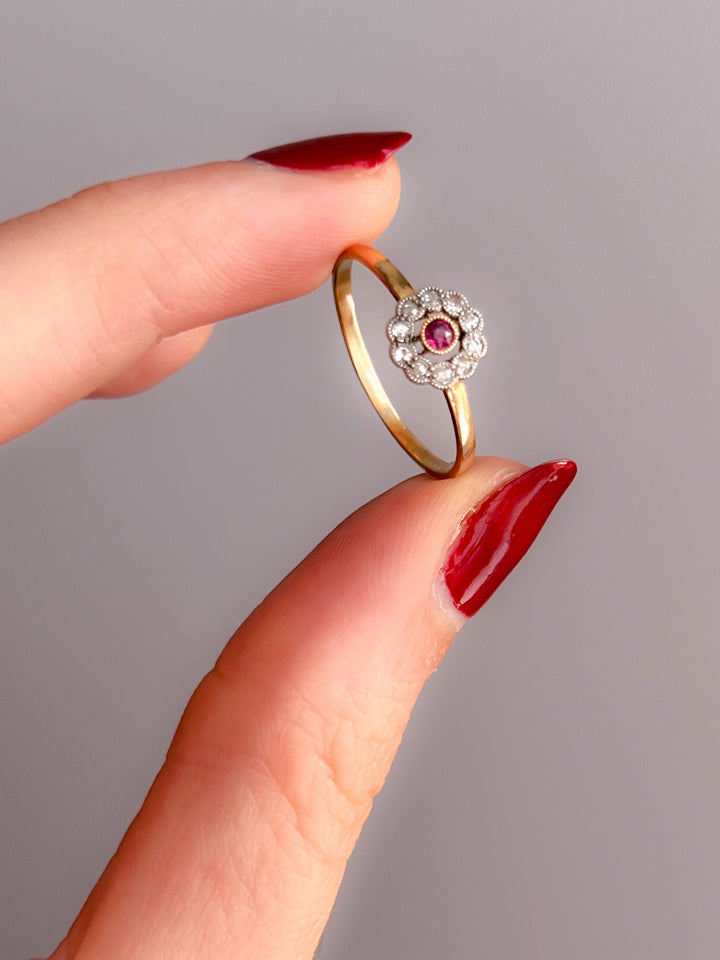 Victorian Ruby and Diamond 14k Daisy Ring