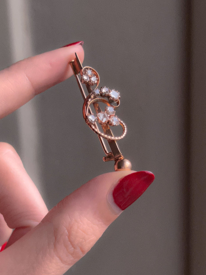 Stunning 18k French Pink Gold Table-Cut Diamond Brooch