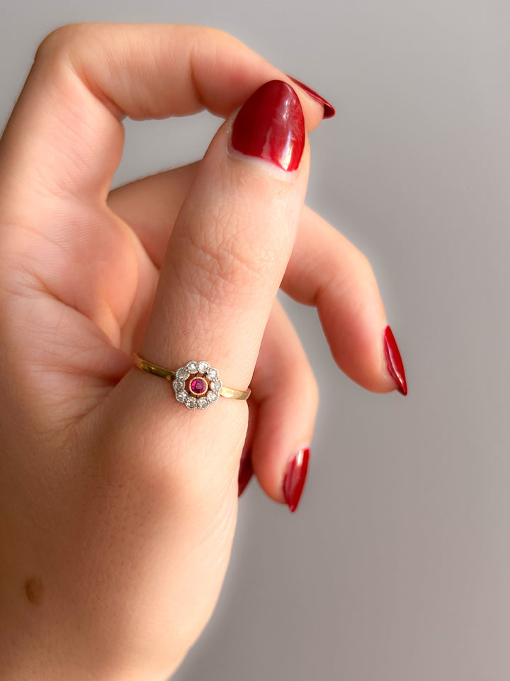Victorian Ruby and Diamond 14k Daisy Ring