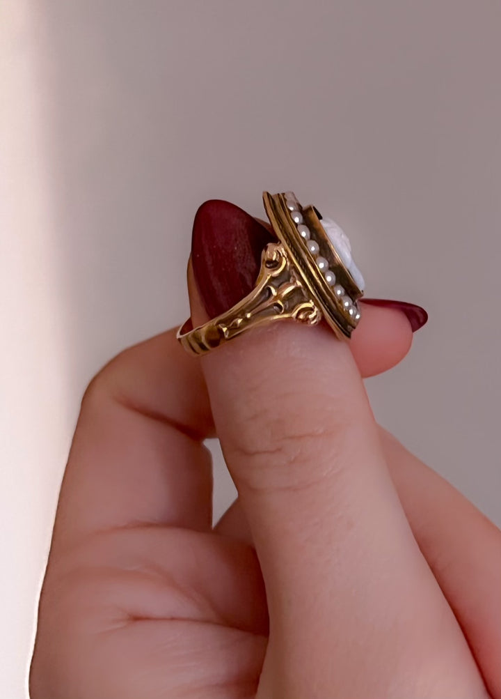 14ct Victorian Onyx Cameo and Pearl Conversion Ring