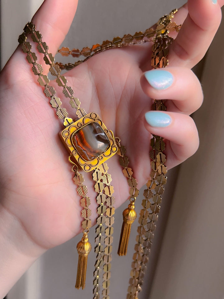 Outrageous Victorian 14k Archaeological Revival Agate Book Chain