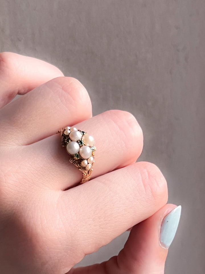 Late Georgian 20k Emerald and Pearl Ring with Intact Locket Back