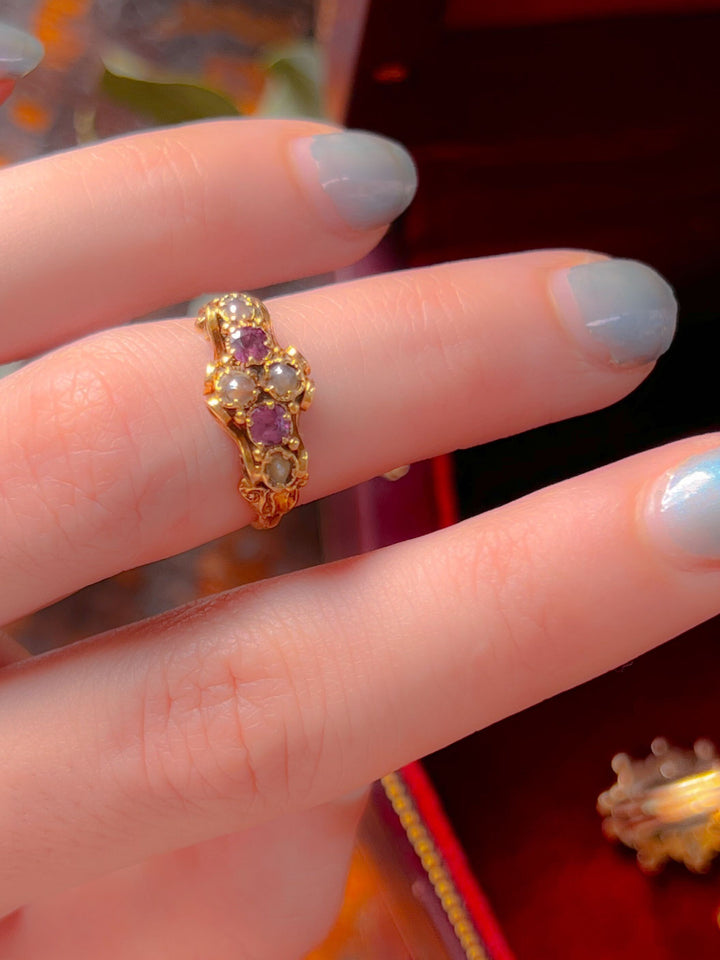 Victorian 18k Pink Tourmaline and Pearl Ring