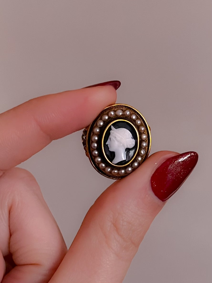 14ct Victorian Onyx Cameo and Pearl Conversion Ring