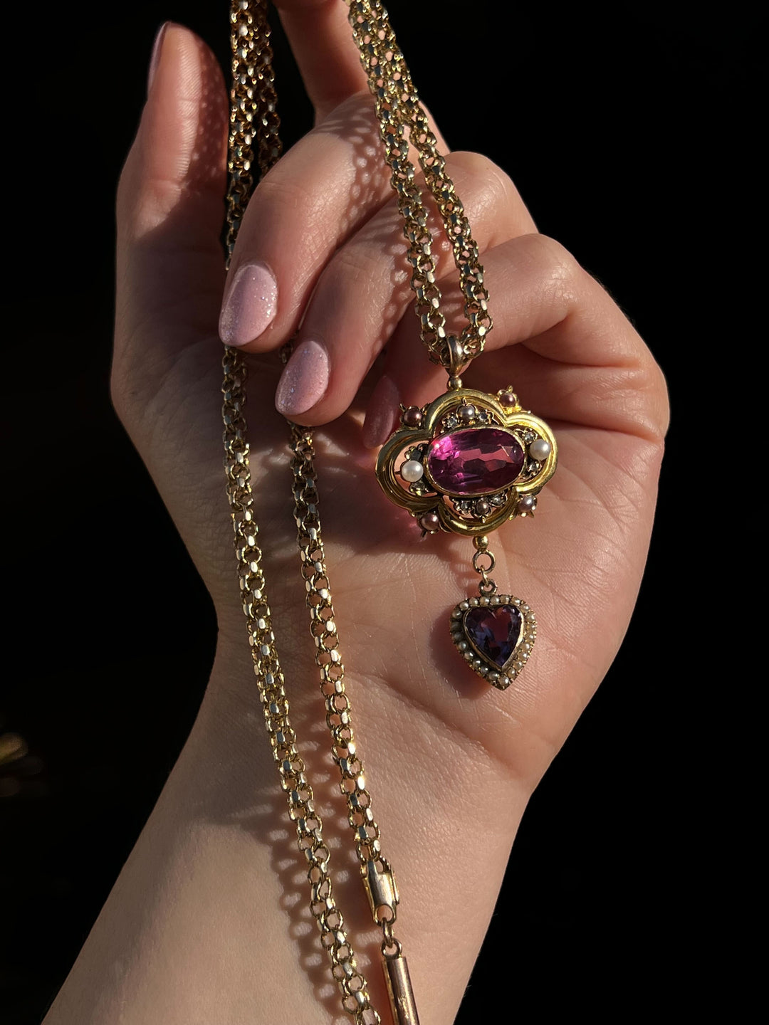 JUST PENDANT Pink Paste, Amethyst, Diamond and Pearl Lavaliere