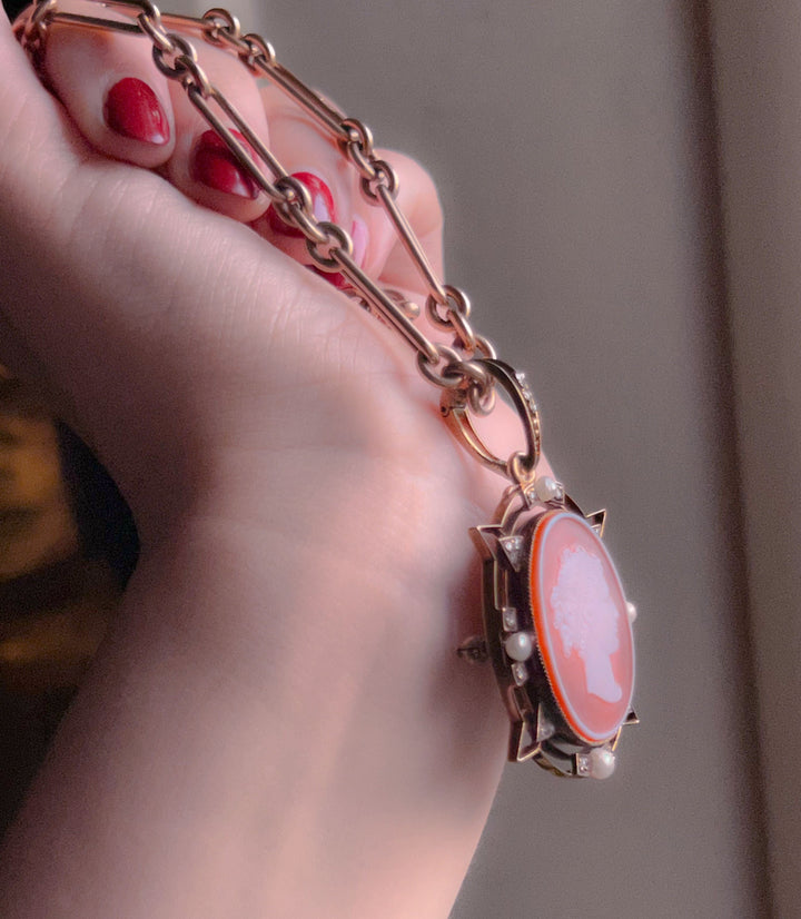 Outrageously Rare Perfect Pink Sardonyx Cameo With Pearls and Diamonds