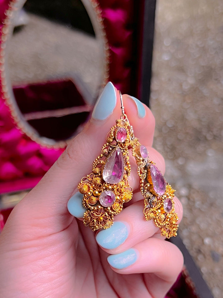 Sumptuous 15k Georgian Cannetille Earrings with Pink Topaz