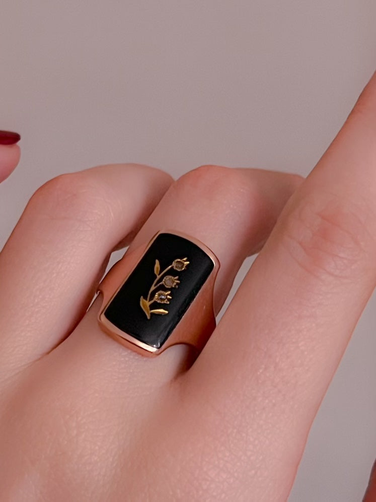 Victorian Onyx and Diamond Gold Inlaid Lily of the Valley Ring