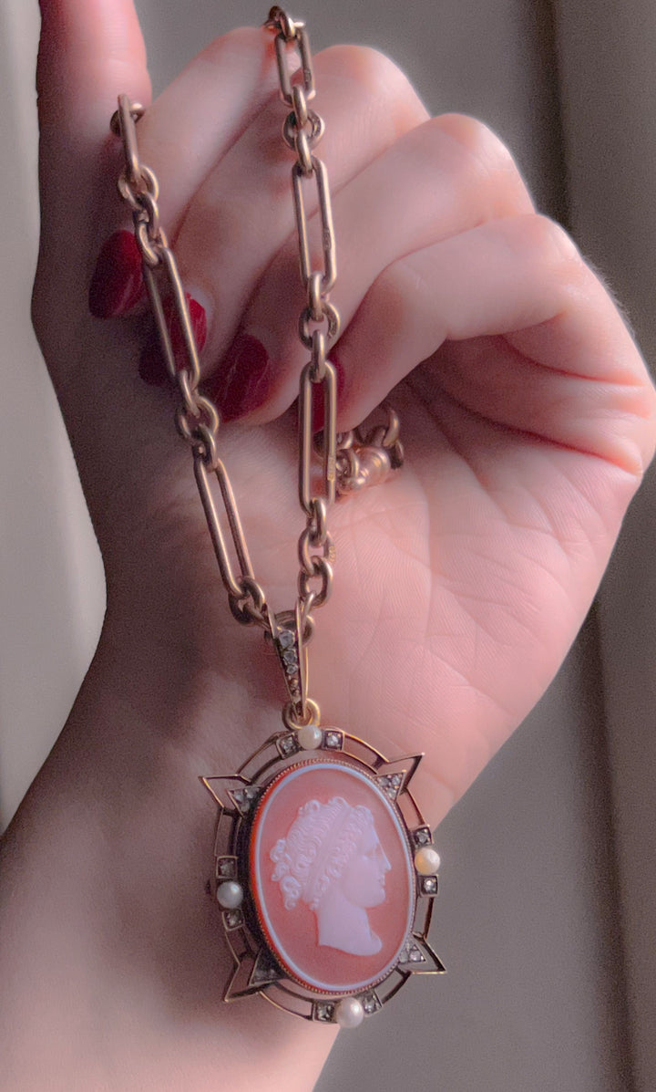 Outrageously Rare Perfect Pink Sardonyx Cameo With Pearls and Diamonds
