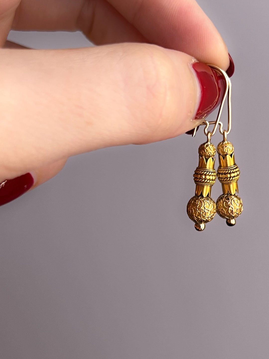 Delicious American 14k Gold Archaeological Revival Drop Earrings