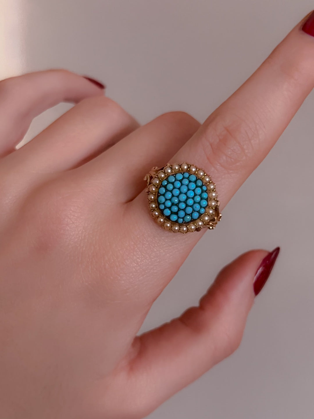 Victorian 18ct Turquoise and Pearl ‘Caviar Tin’ Ring