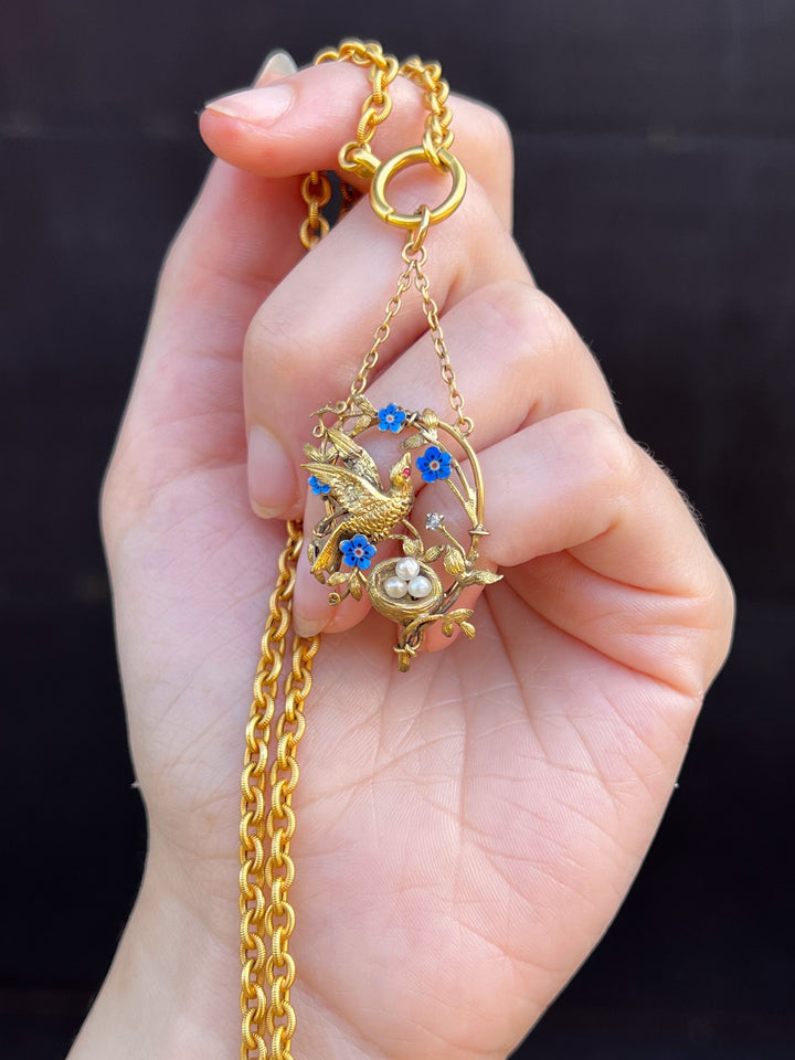 Outstanding Pre-Victorian 15k Sparrow with Her Nest Pendant- Circa 1840