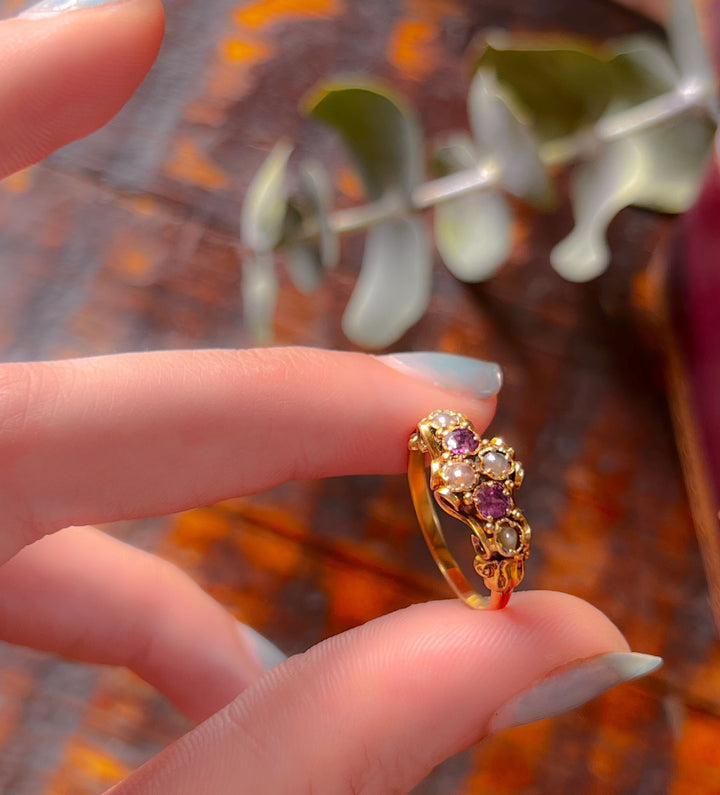 Victorian 18k Pink Tourmaline and Pearl Ring