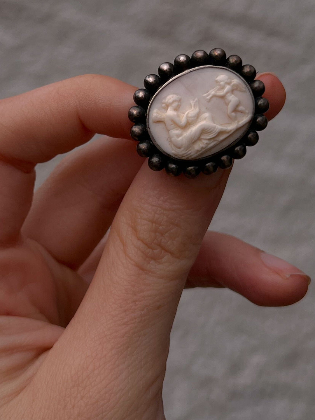 Sterling Set Psyche With Drum and Cupid White Coral Cameo