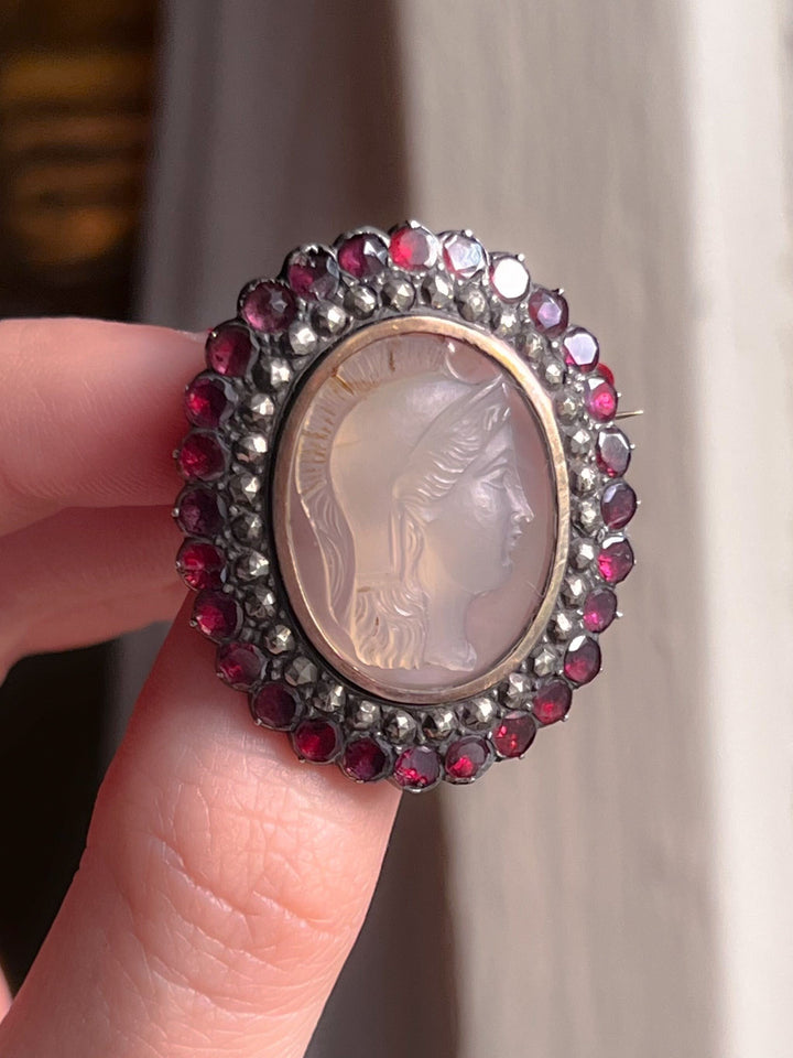 Georgian Athena Cameo With Marcasite and Flat Cut Garnets