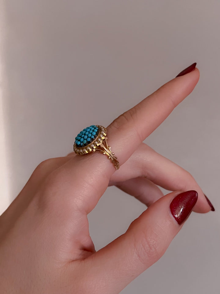 Victorian 18ct Turquoise and Pearl ‘Caviar Tin’ Ring