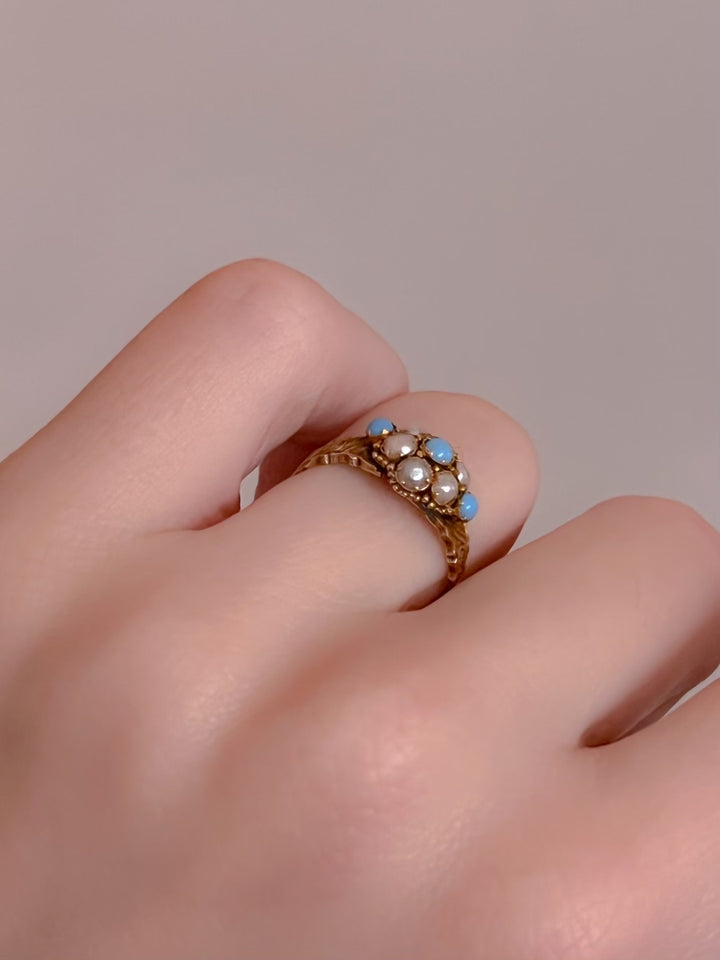 Lovely Victorian 12ct Persian Turquoise and Seed Pearl Ring