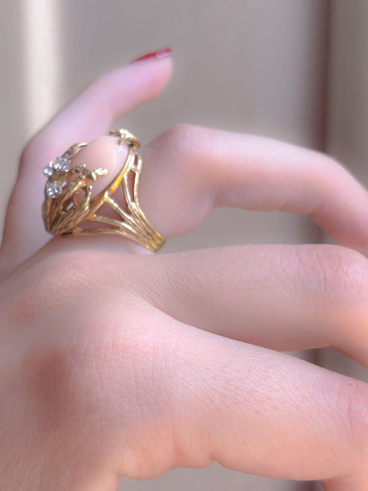 14k Coral and Diamond Dragon Egg Ring - Circa 1970