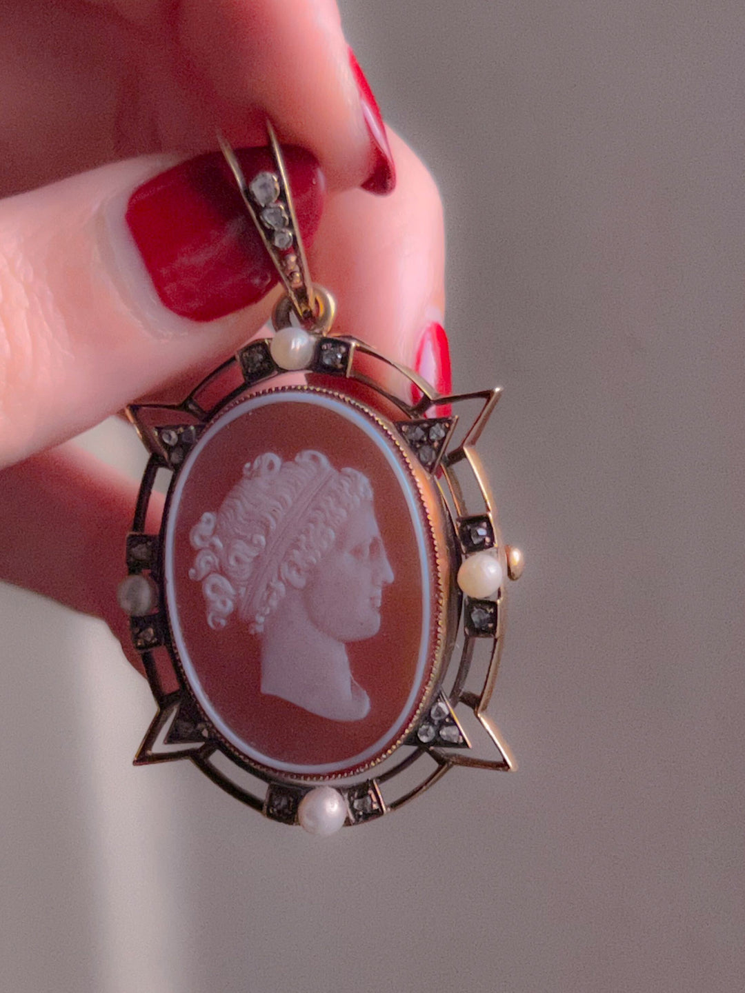 Outrageously Rare Perfect Pink Sardonyx Cameo With Pearls and Diamonds