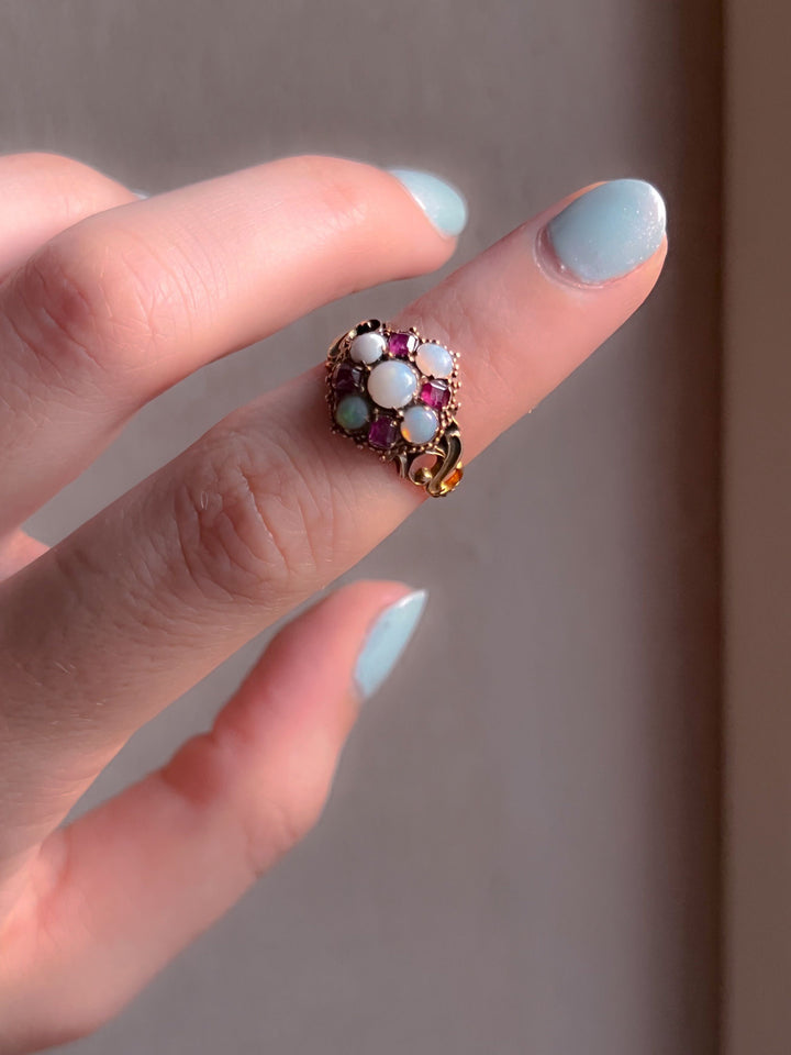Gorgeous, Hallmarked 15k Opal + Ruby Cruciform Ring