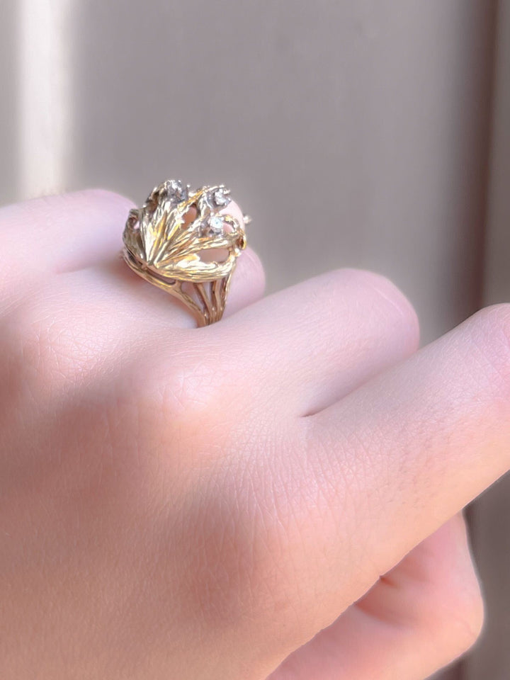 14k Coral and Diamond Dragon Egg Ring - Circa 1970