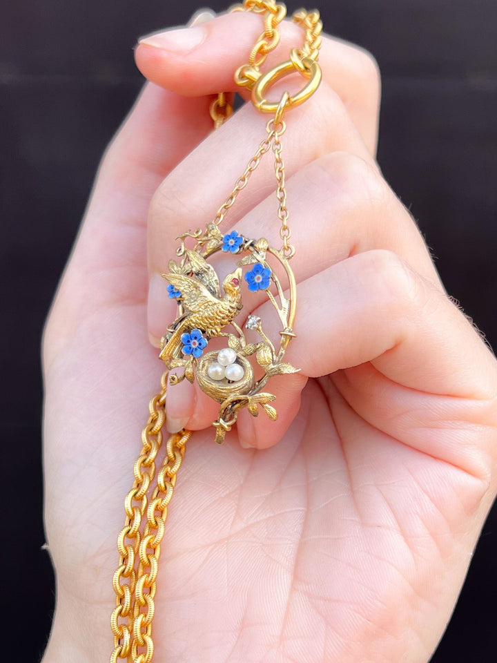 Outstanding Pre-Victorian 15k Sparrow with Her Nest Pendant- Circa 1840