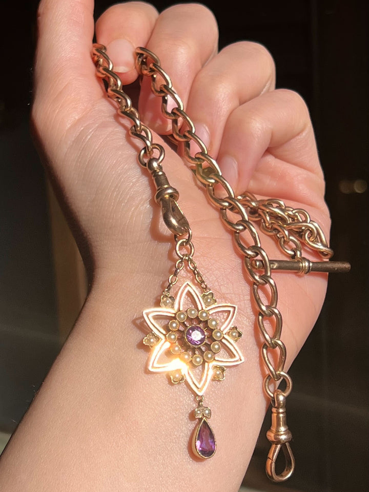 Exceptional 15k Edwardian Amethyst and Pearl Star Lavalier Circa 1910