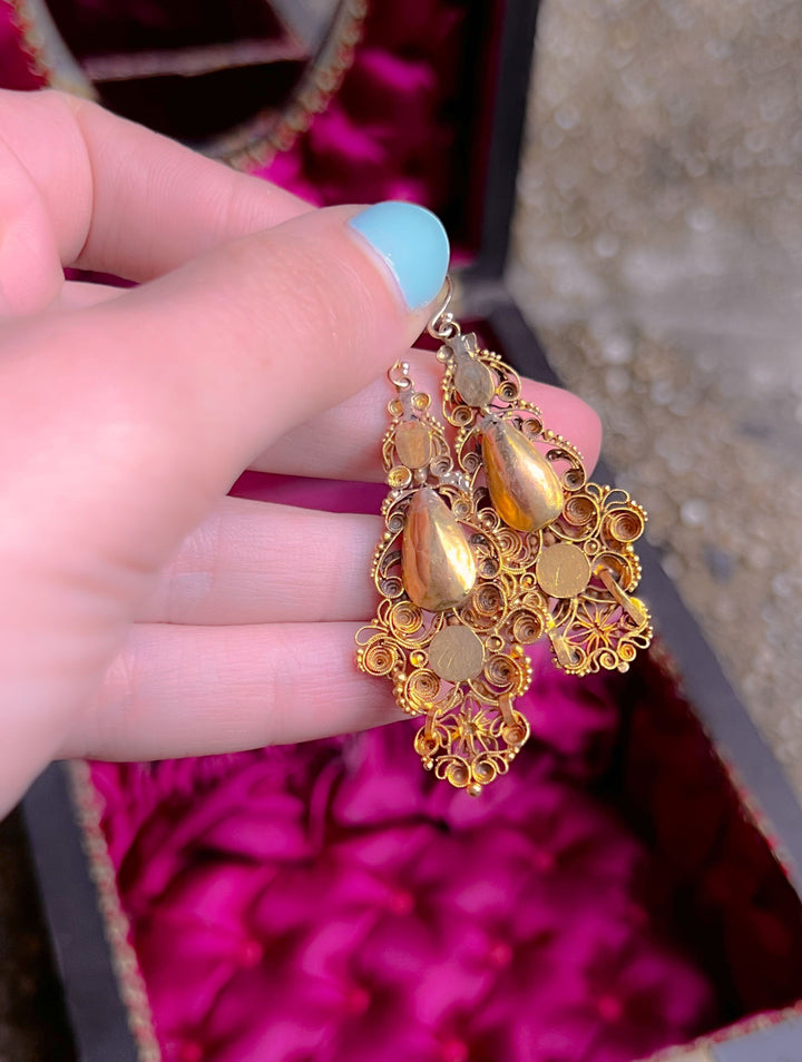 Sumptuous 15k Georgian Cannetille Earrings with Pink Topaz