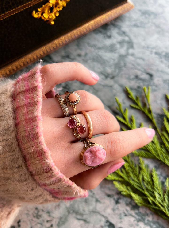 Pink Coral and Diamond Cluster Ring in 14ct