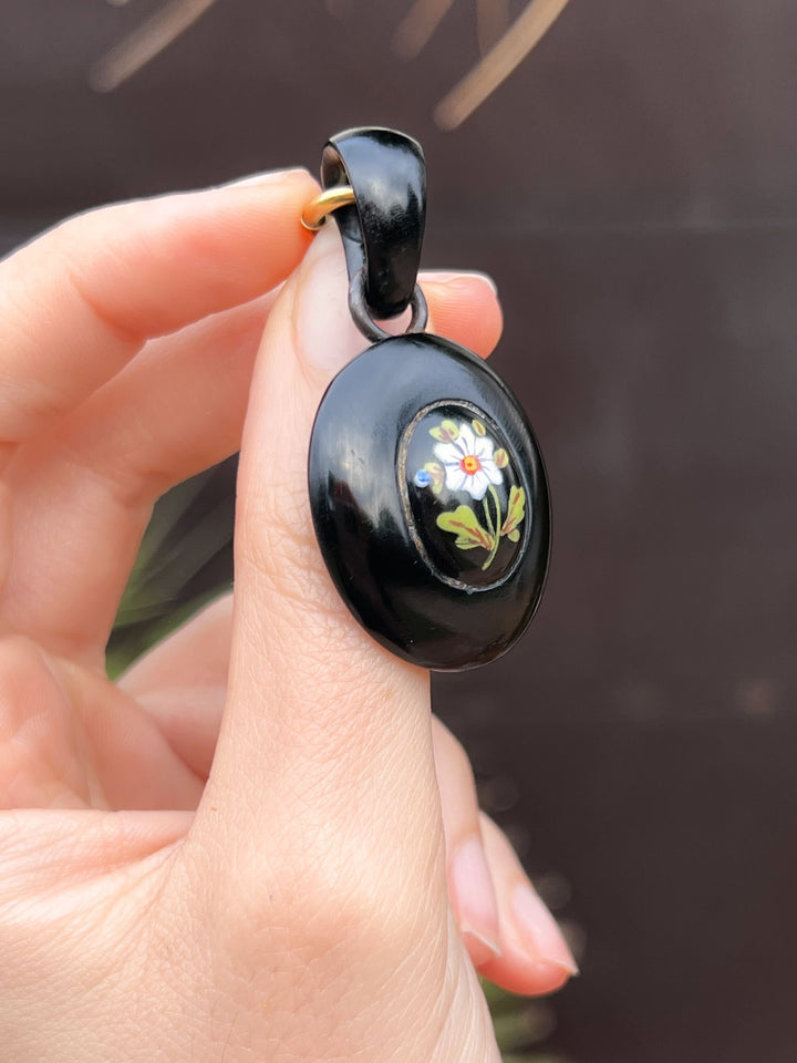 Extremely Rare Whitby Jet Pendant with Enamel Daffodil Plaque