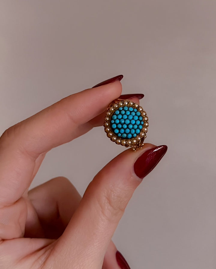 Victorian 18ct Turquoise and Pearl ‘Caviar Tin’ Ring