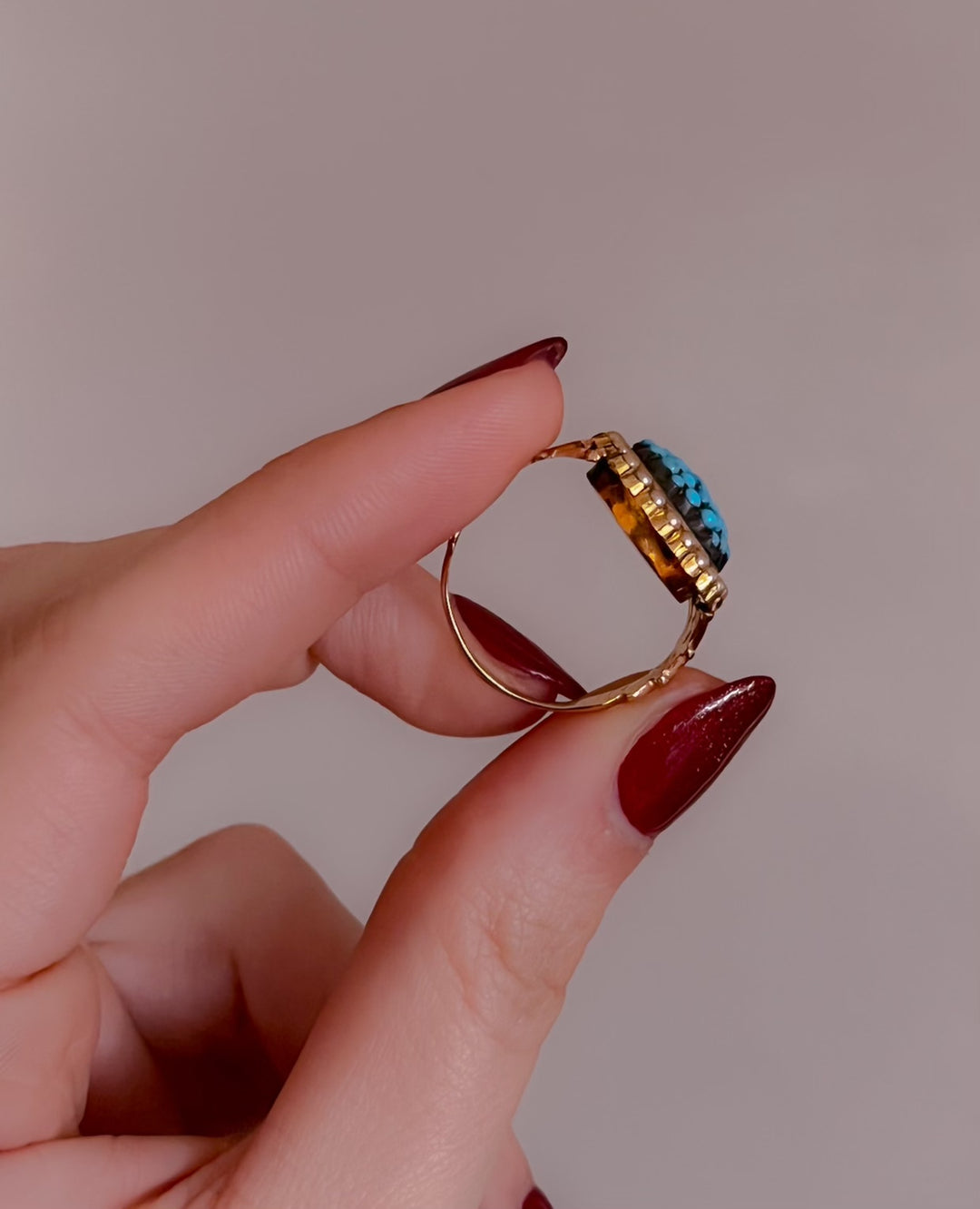 Victorian 18ct Turquoise and Pearl ‘Caviar Tin’ Ring