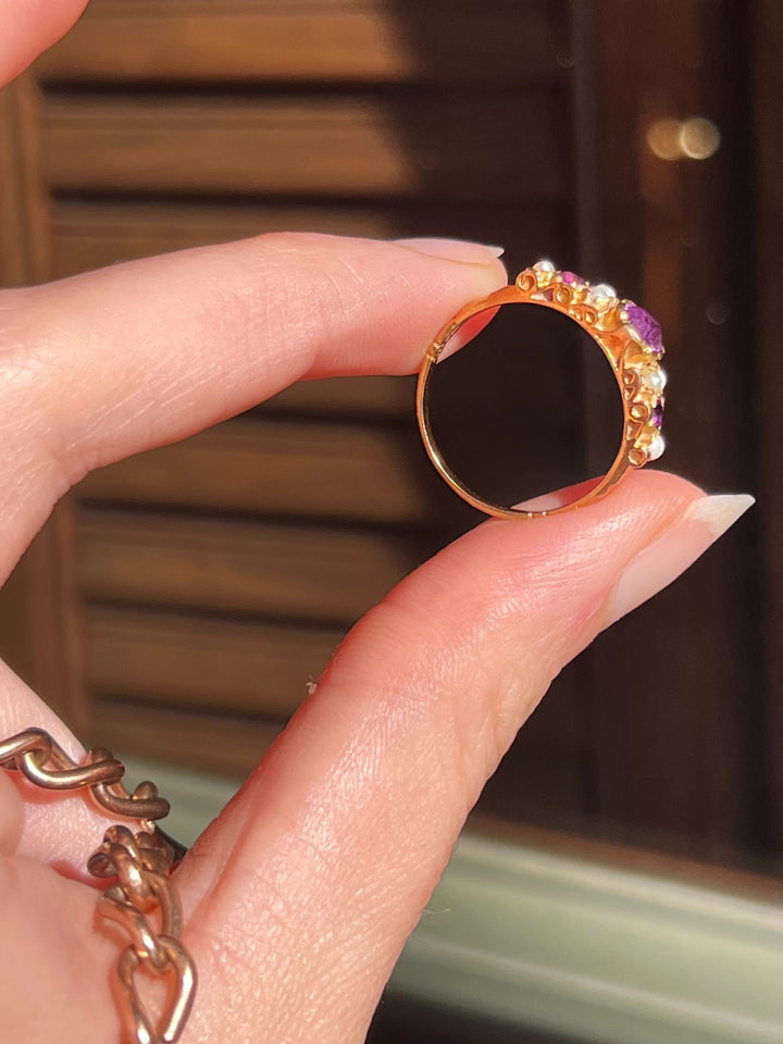 1964 Victorian Revival Amethyst and Pearl Band