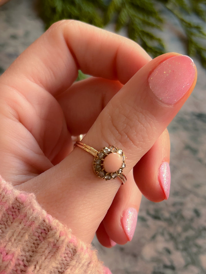 Pink Coral and Diamond Cluster Ring in 14ct