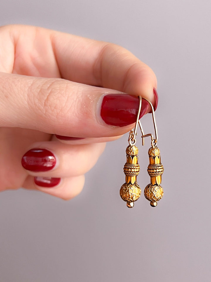 Delicious American 14k Gold Archaeological Revival Drop Earrings
