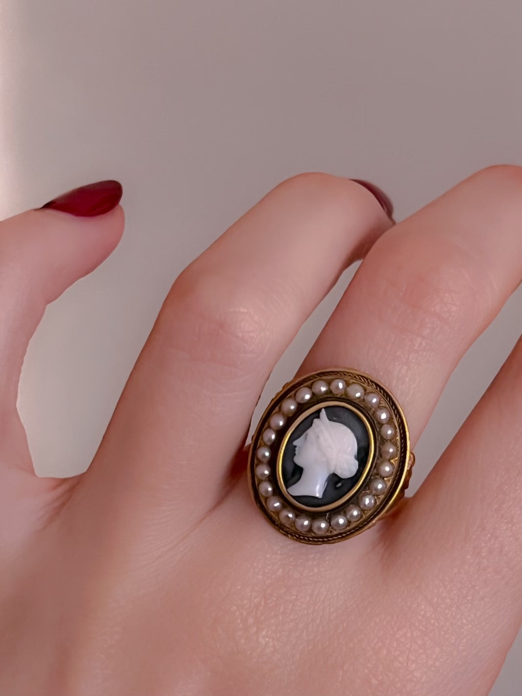 14ct Victorian Onyx Cameo and Pearl Conversion Ring