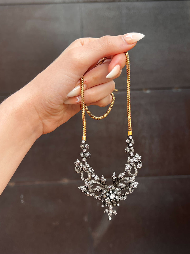 French Diamond Garland Necklace with En Tremblant Flower C. 1890