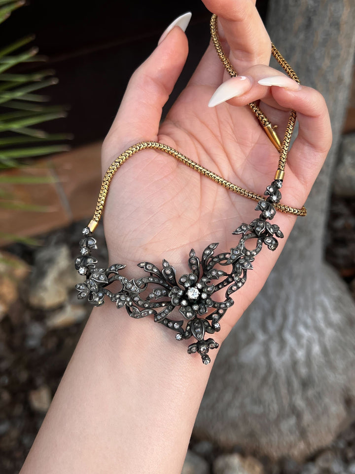 French Diamond Garland Necklace with En Tremblant Flower C. 1890