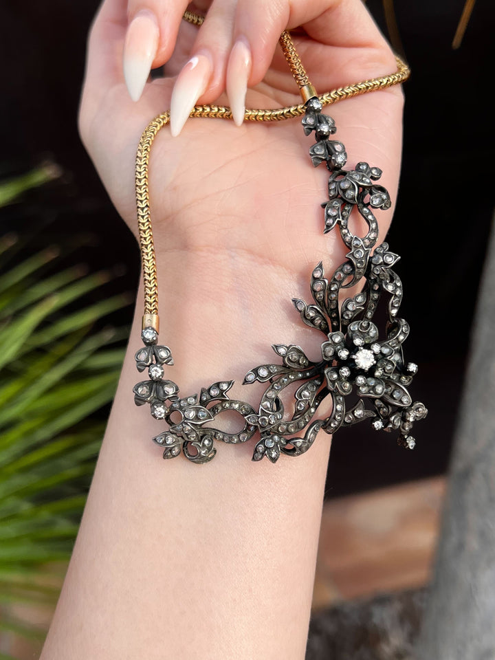 French Diamond Garland Necklace with En Tremblant Flower C. 1890