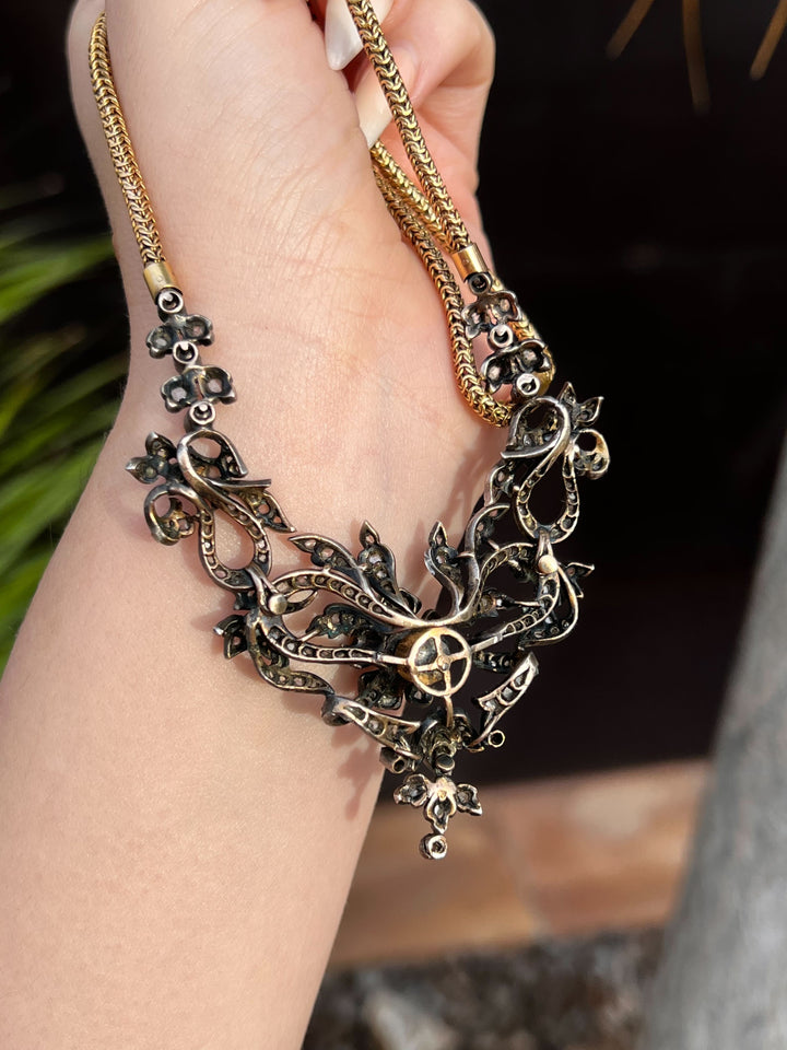 French Diamond Garland Necklace with En Tremblant Flower C. 1890