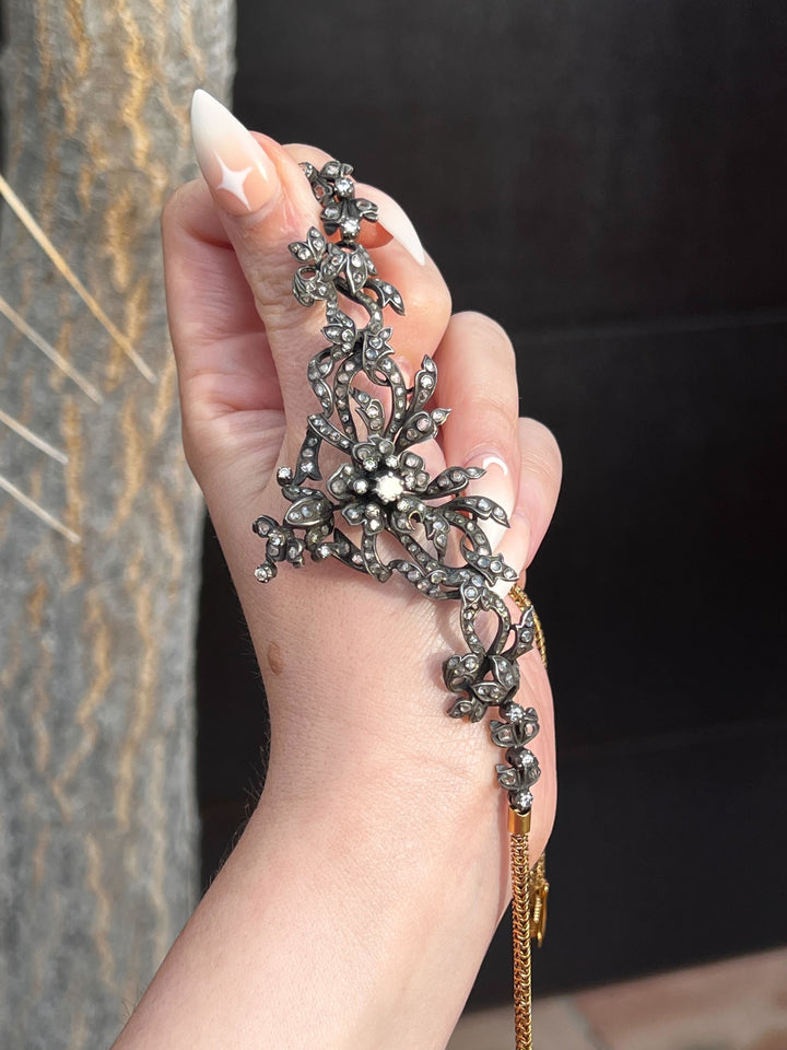French Diamond Garland Necklace with En Tremblant Flower C. 1890