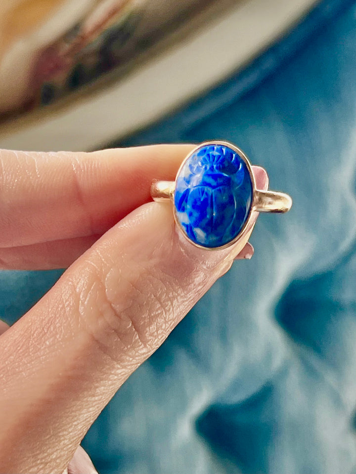 Superb Victorian Egyptian Revival Lapis Scarab Ring