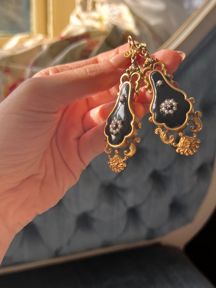 Outstanding Pair of Victorian Black Enamel Earrings