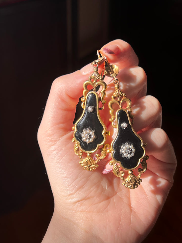 Outstanding Pair of Victorian Black Enamel Earrings