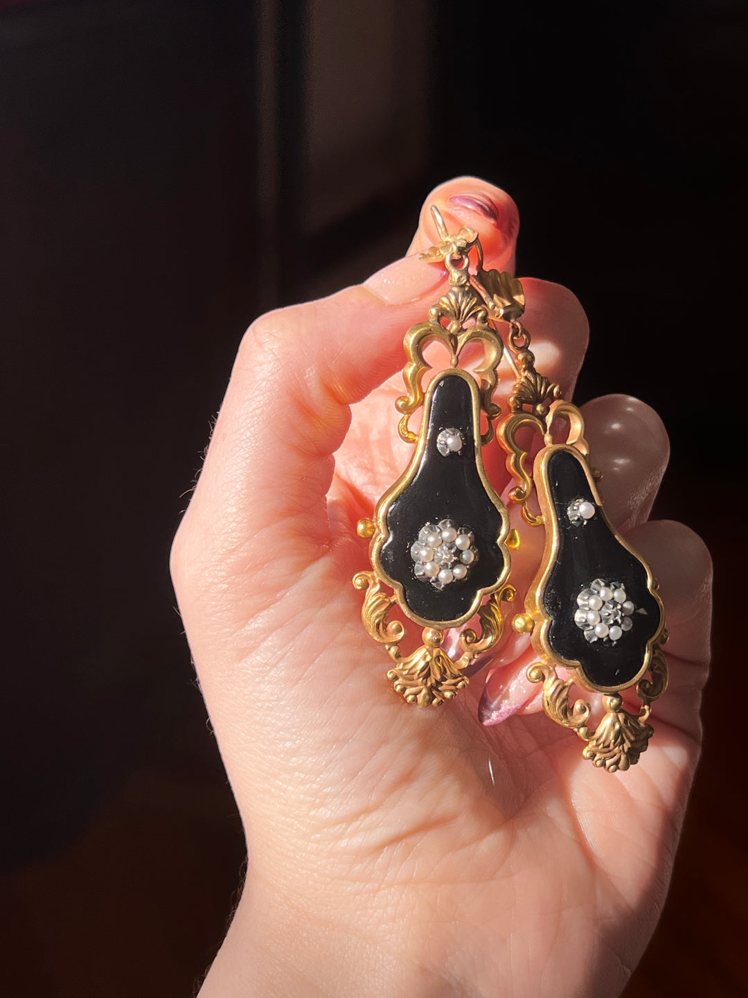 Outstanding Pair of Victorian Black Enamel Earrings