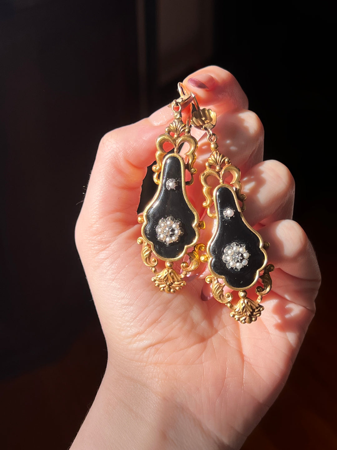 Outstanding Pair of Victorian Black Enamel Earrings