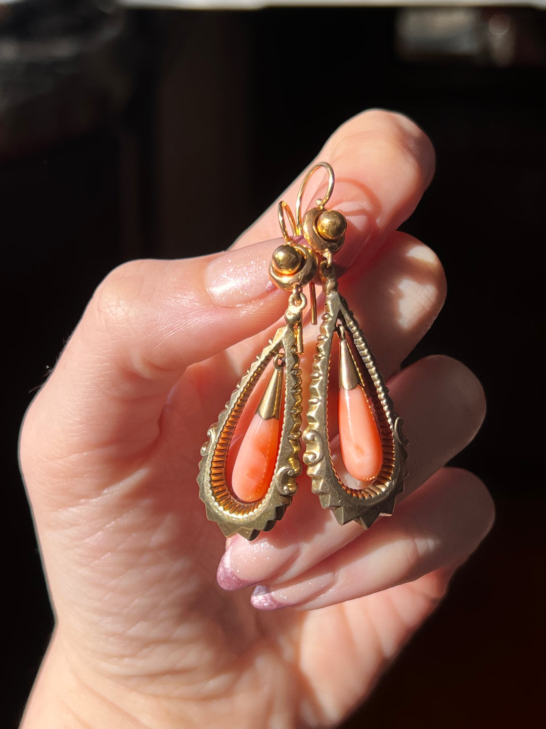 Delicious Victorian Coral Drop Earrings in 9CT